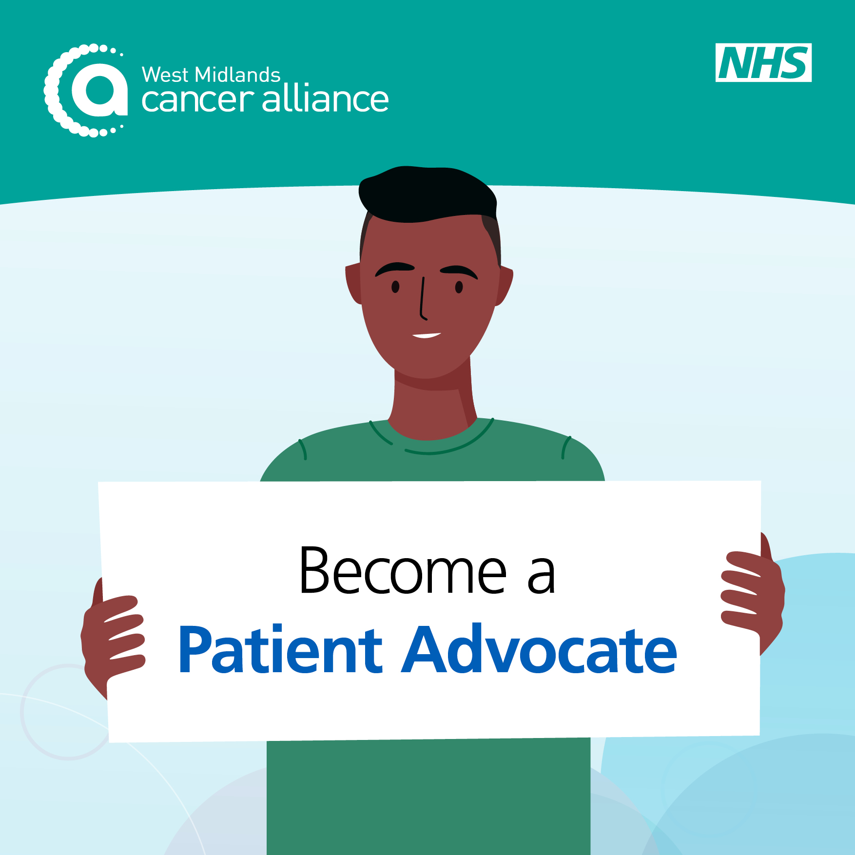 Graphic of a person holding a sign which says "become a patient advocate"